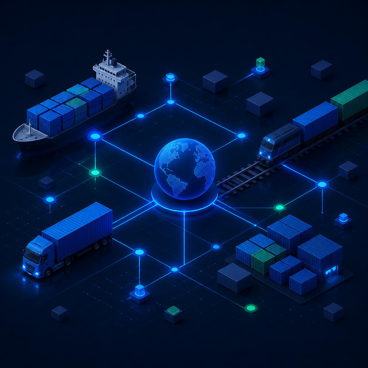 Isometric illustration of a global logistics network — ship, train and truck connected by glowing routes
